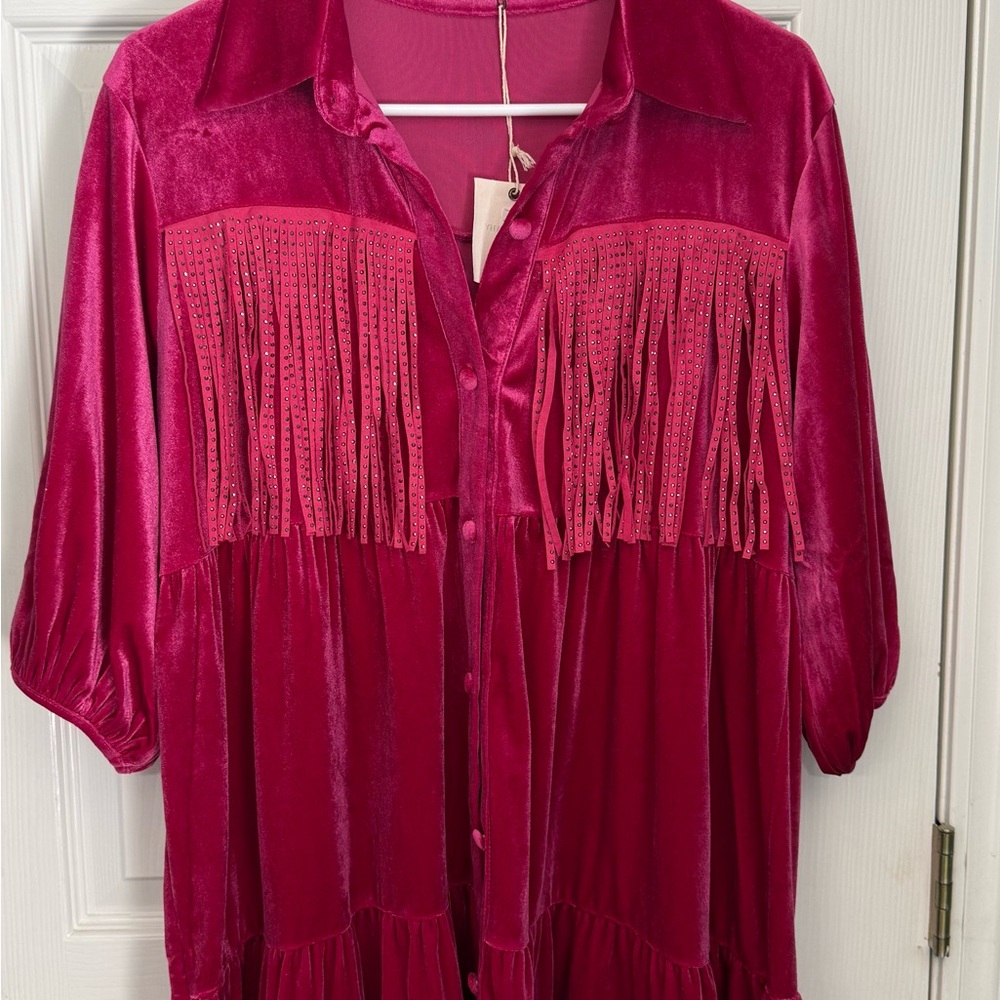 Fringe-Trim Velvet Button-Down Shirt - Fuchsia